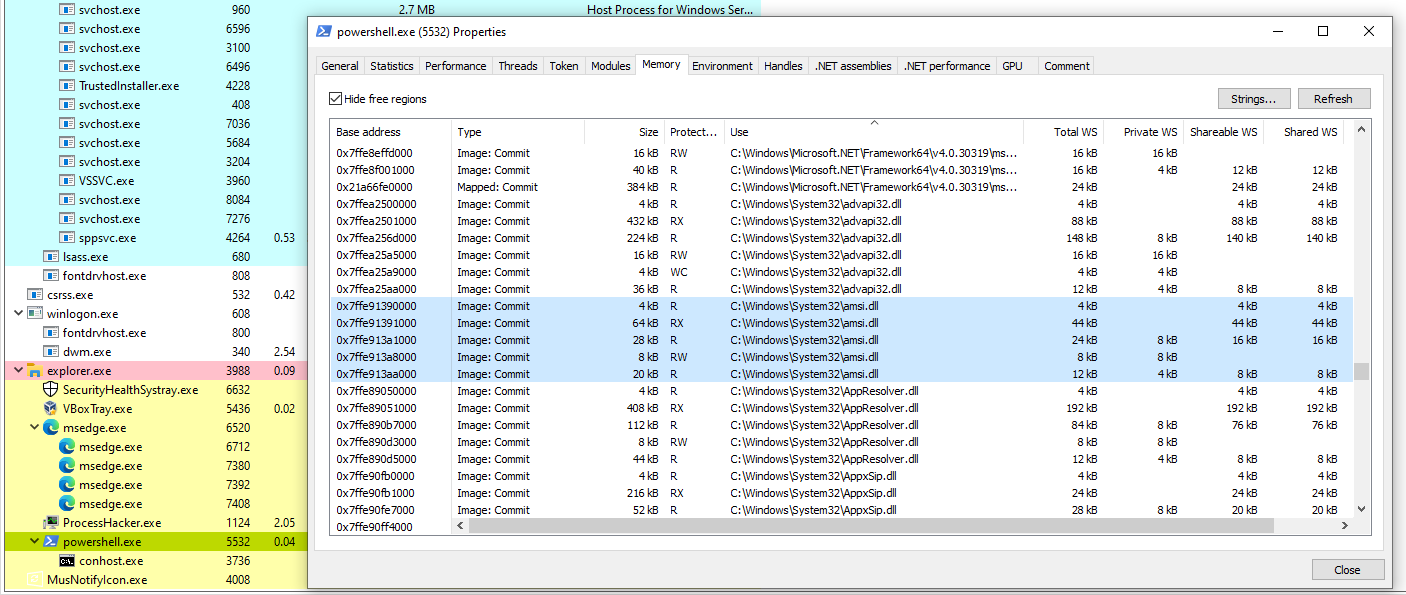 Просмотр памяти PowerShell процесса через Process Hacker 2