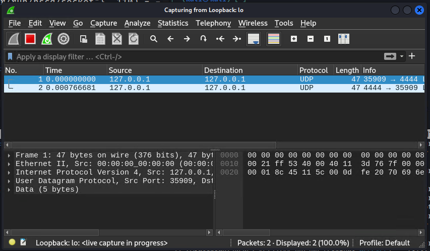 Перехват трафика от <em>proxychains -q nc -u 127.0.0.1 4444</em>